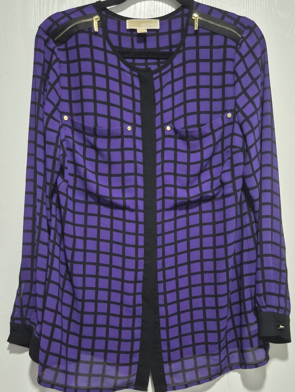 MICHAEL Michael Kors Purple and Black Grid Pattern Long Sleeve Blouse Sz M
